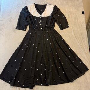 Rockabilly Polka Dot Midi Dress black Pinup Peter Pan Collar Pearl Button 80 90s